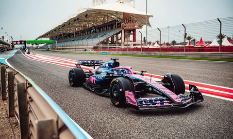 bwt alpine formula one team announces partnership with viagogo f1 race car on the track in bahrain during pre season testing