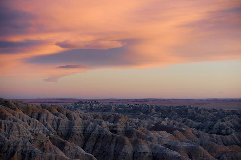 Badlands National Park at sunset near Pinnacle Overlook