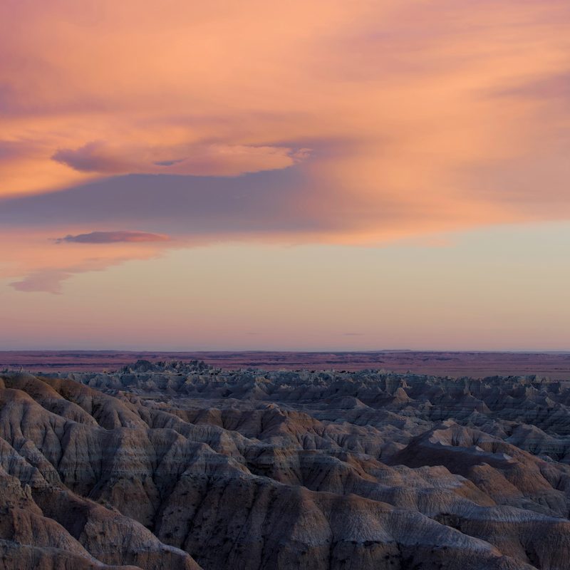 Badlands National Park at sunset near Pinnacle Overlook