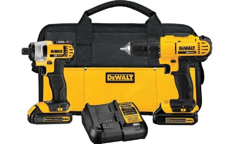 The contents of the DeWalt 20V Max Cordless Drill and Impact Driver Combo Kit.