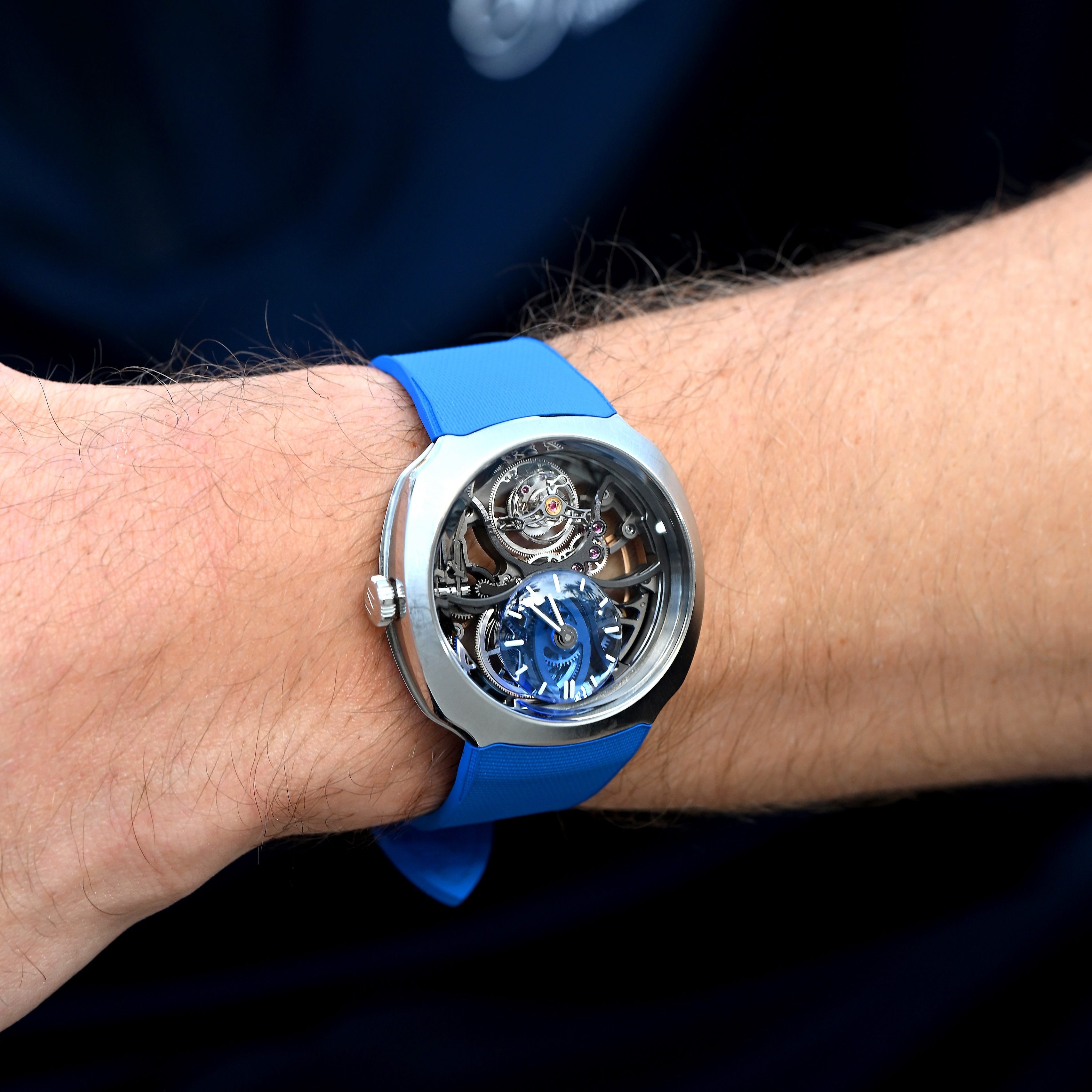 Closeup of H Moser & Cie's Streamliner Cylindrical Tourbillon Skeleton Alpine Limited Edition on Jack Doohan's wrist