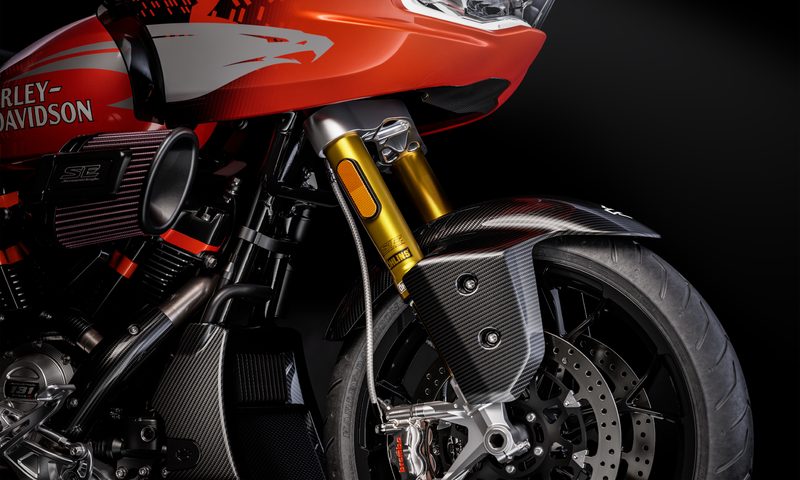 Harley-Davidson CVO Road Glide RR limited edition right side view of front wheel with Ohlins shocks and Brembo brakes.