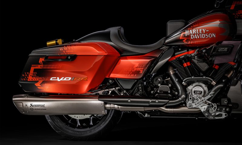 Harley-Davidson CVO Road Glide RR limited edition right side view of seat, pannier, and exhaust on a black background.
