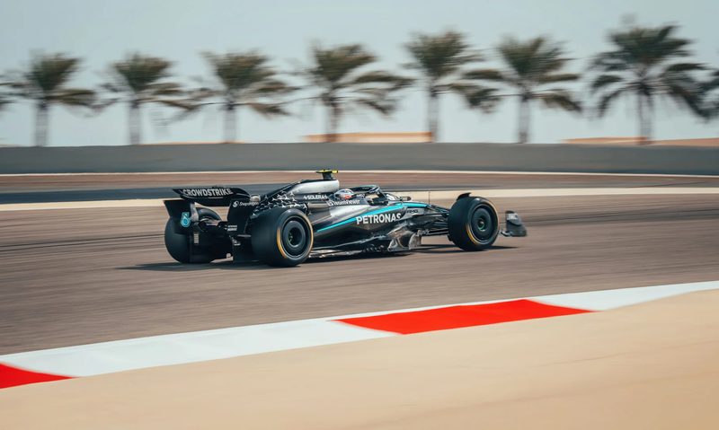 Mercedez-AMG F1 racecar in Bahrain during pre-season testing.