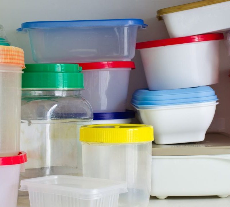 Colorful plastic containers stacked up