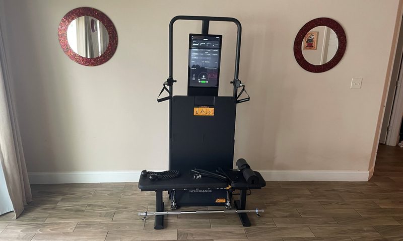 Speediance Gym Monster 2 full machine closed up against wall