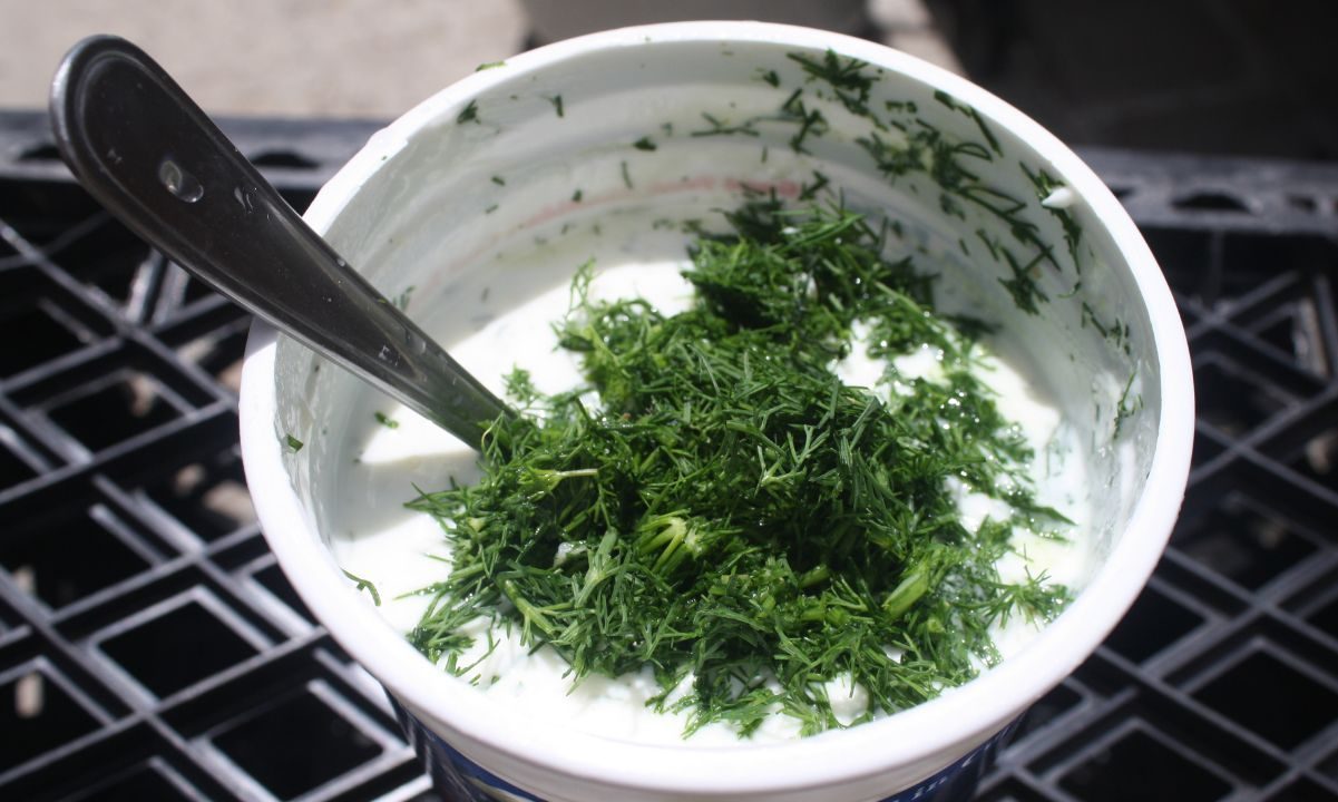 Container of yogurt sauce with dill