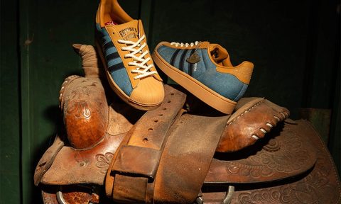 adidas sneakers on top of saddle