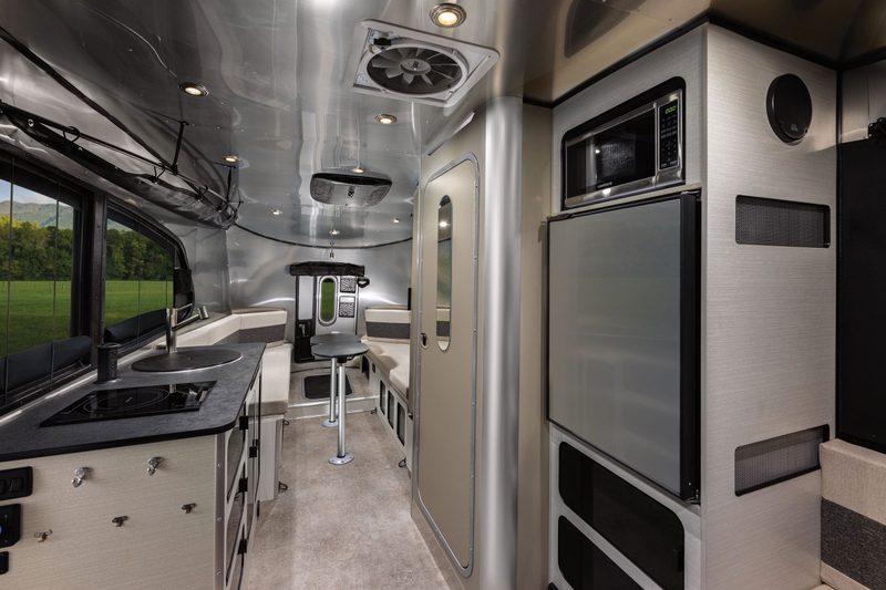 Interior of the 2025 Airstream Basecamp 20Xe all-electric travel trailer.
