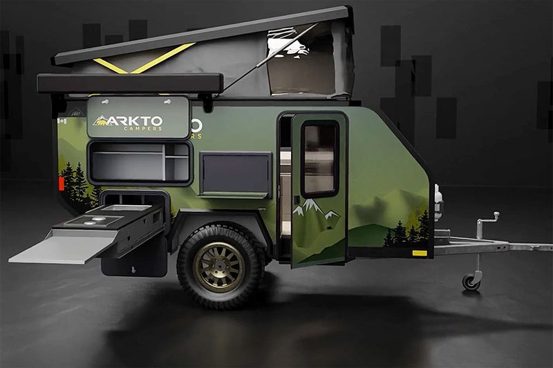 3D studio rendering of an Arkto C10 micro-camper against a black background.