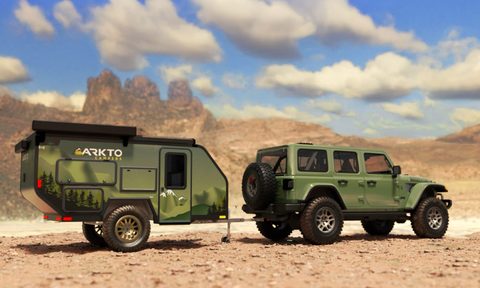 Rendering of a Jeep Wrangler towing an Arkto Campers C10 micro camper through the desert.
