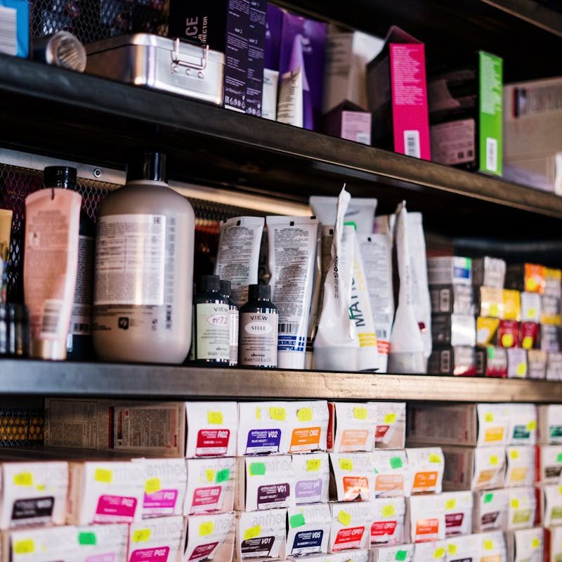 Shelves with grooming products hair products