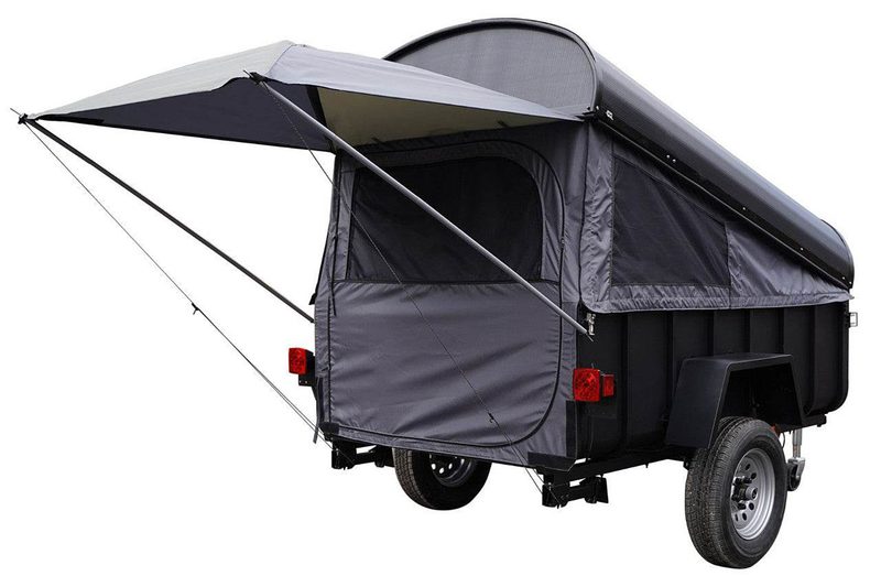 A studio shot of Let's Go Aero's LittleGiant CrashPad camper trailer isolated against a white background.