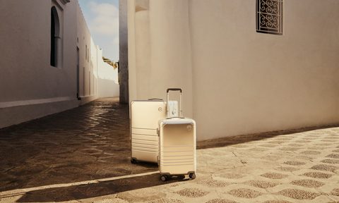 Monos aluminum luggage sitting outside