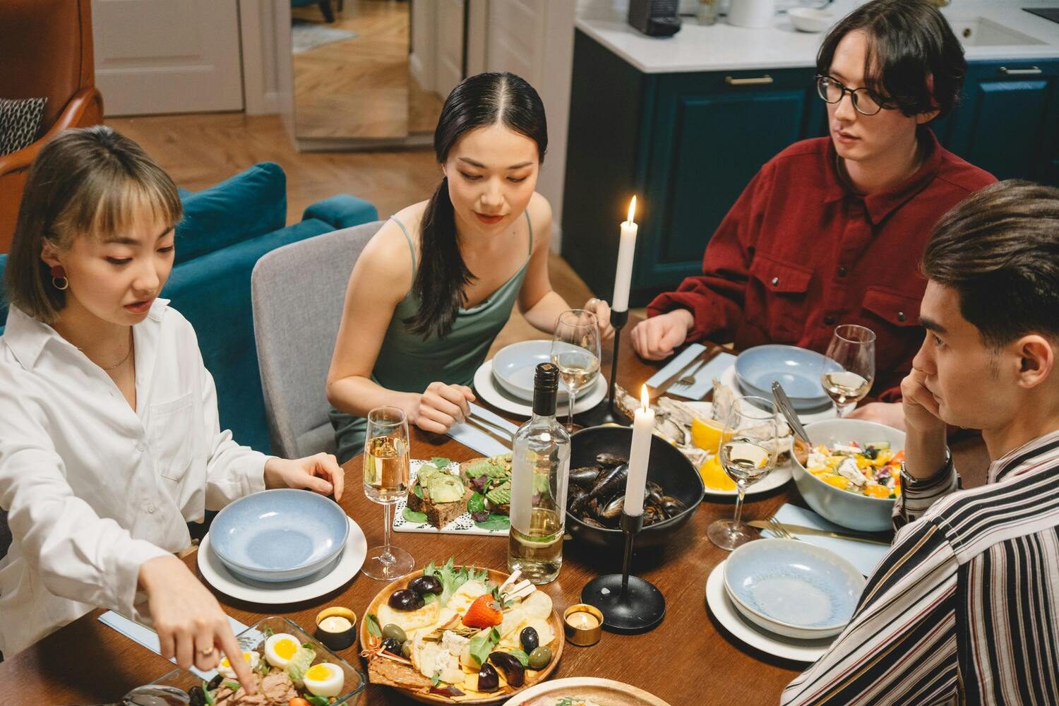 Having dinner at home.