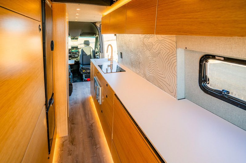 Interior and countertop of the Rossmonster Skye campervan.