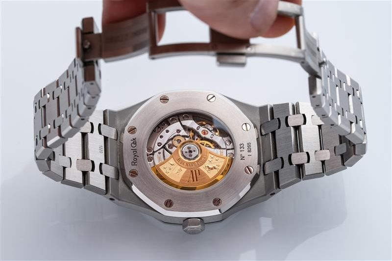 Audemars Piguet watch case back view, Royal Oak model, steel case.