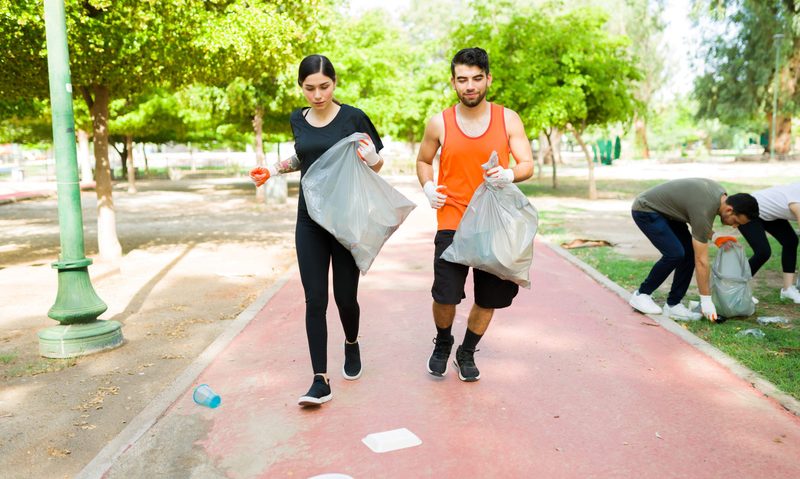 man and woman plogging carrying trash bags