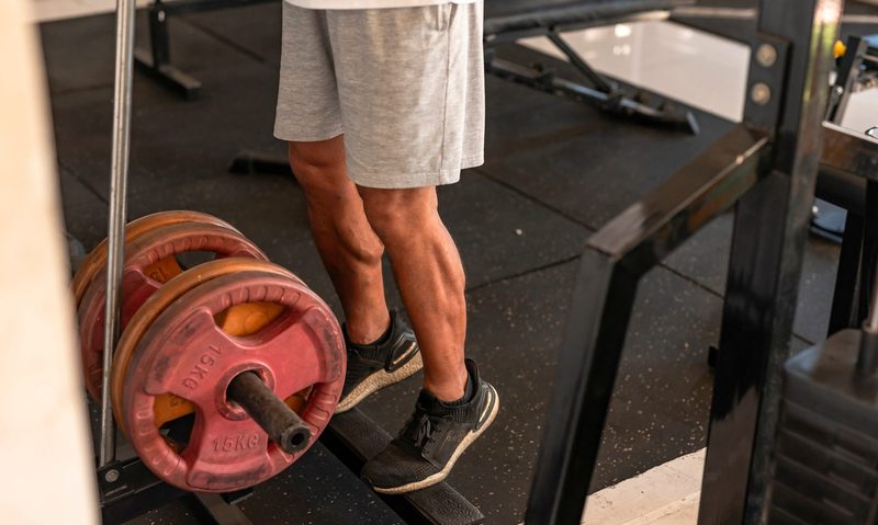 man doing standing calf raises in gym