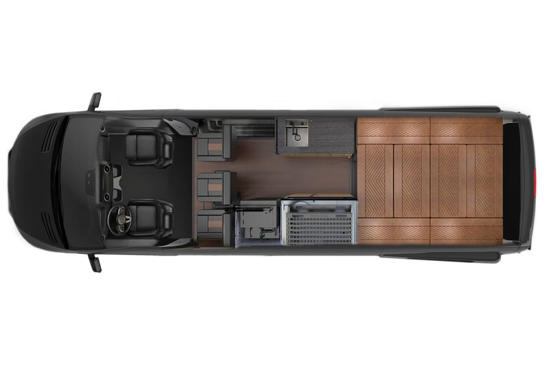 Floorplan drawing of Storyteller Overland's Crew Mode adventure van camper.
