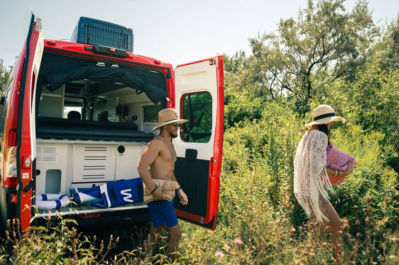 Rear of the Westfalia Wave SRT campervan with its doors open.