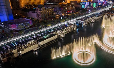 Arial view of the Bellagio Fountain Club, Bellagio Fountains, and the Strip.
