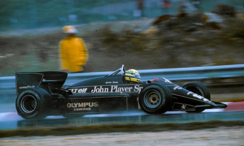 Ayrton Senna driving the Lotus 97T to his first Grand Prix victory in 1985.