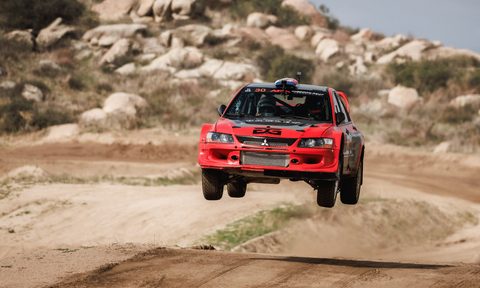 Hoonigans Rally Speedrun Championship 2025 driver Patrick Gruszka in his long-travel Mitsubishi Mirage Proto.