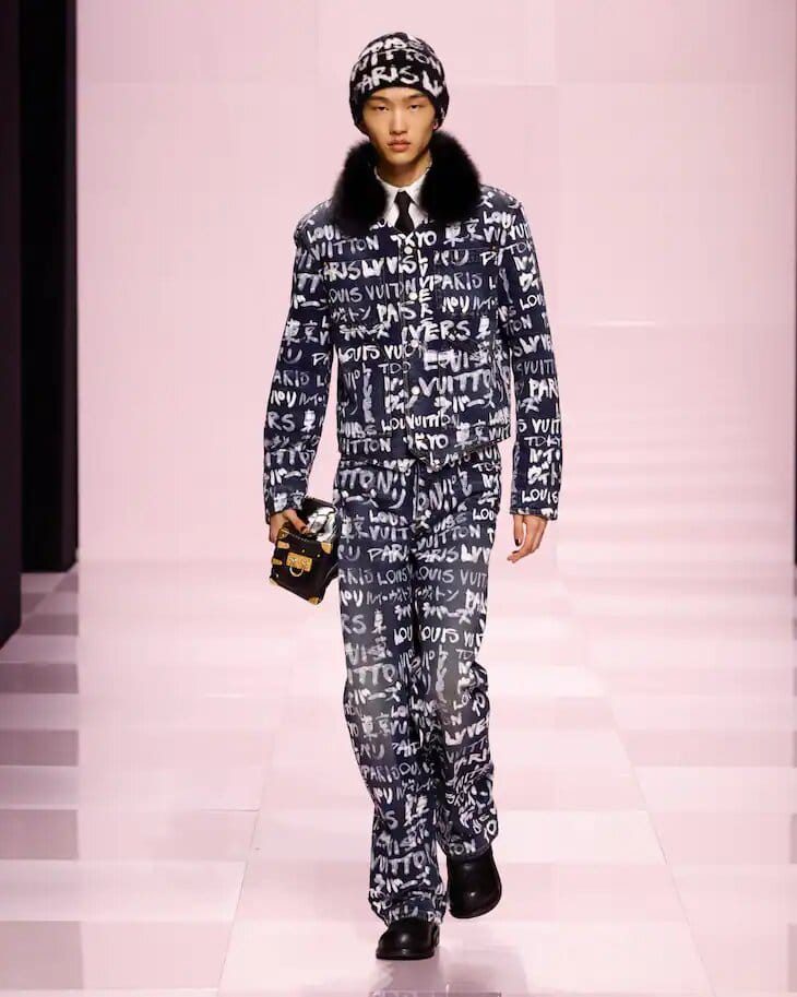 Louis Vuitton suit with shearling accents on collar