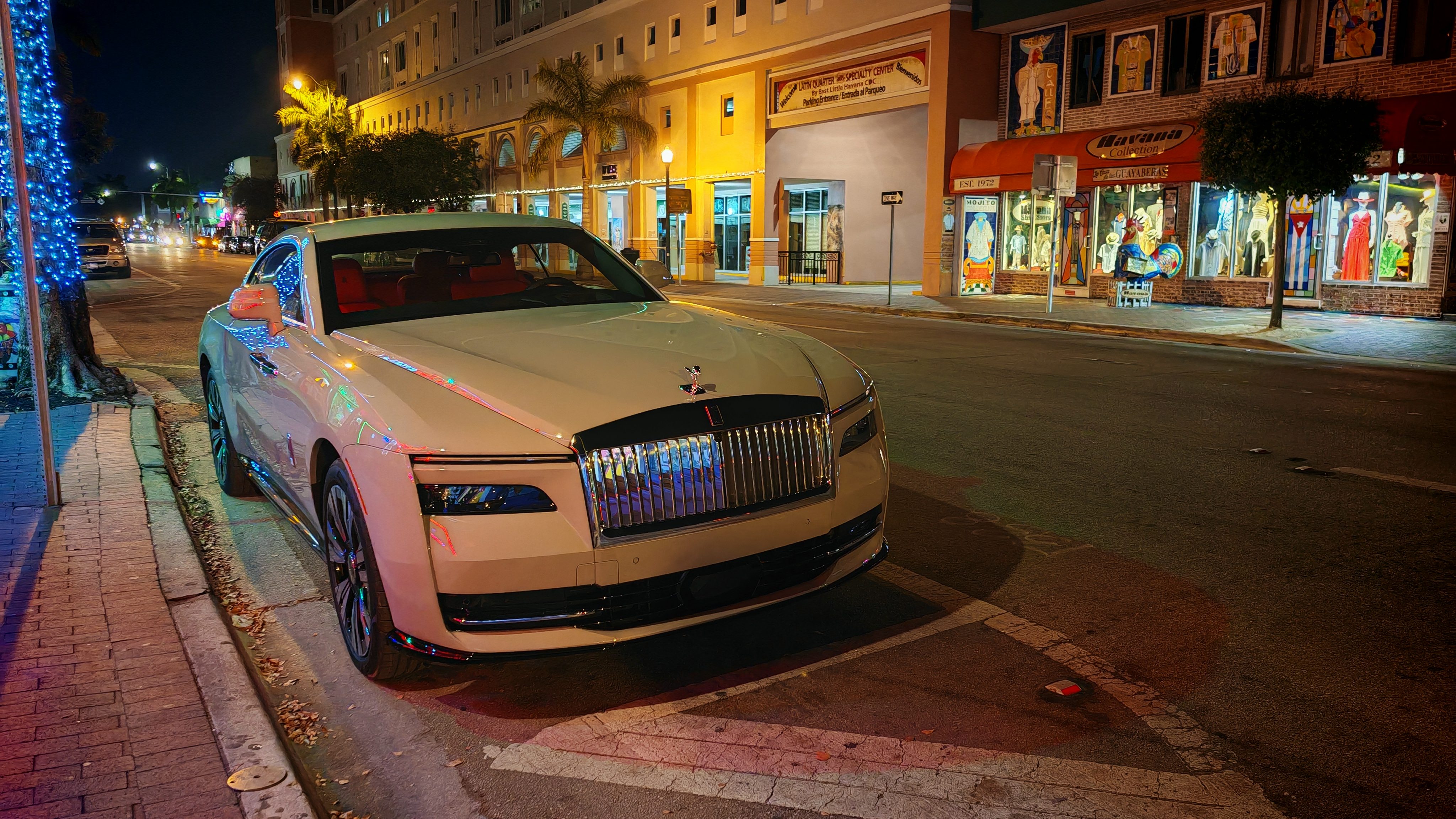 Front view of Rolls-Royce Spectre parked on Calle Ocha, Miami