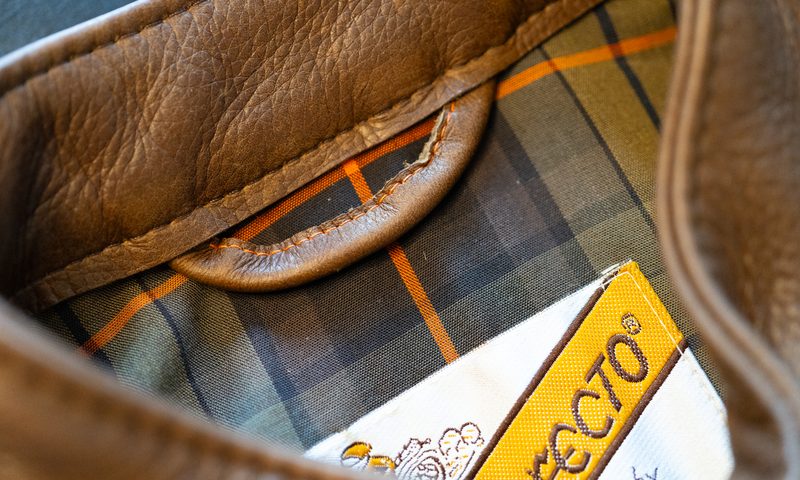 Inside collar detail of a Ball and Buck x Schott NYC Leather Jacket.