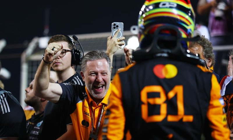 McLaren CEO Zak Brown enthusiasticlly greets 2025 Bahrain GP winner Oscar Piastri.