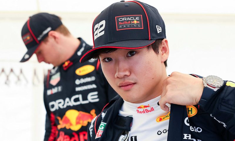 Red Bull drivers Yuki Tsunoda and Max Verstappen.