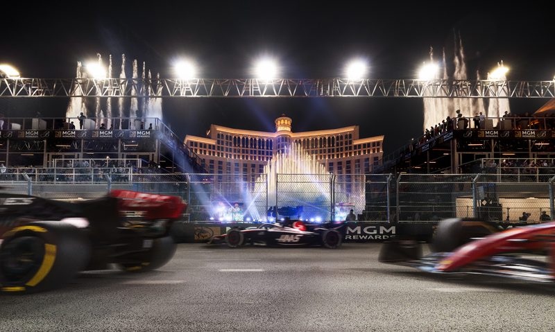 Track Shot of the BFC and Bellagio Fountains.