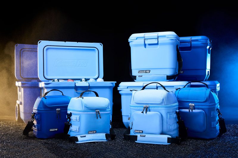 Stack of Coleman Pro rotomolded coolers.