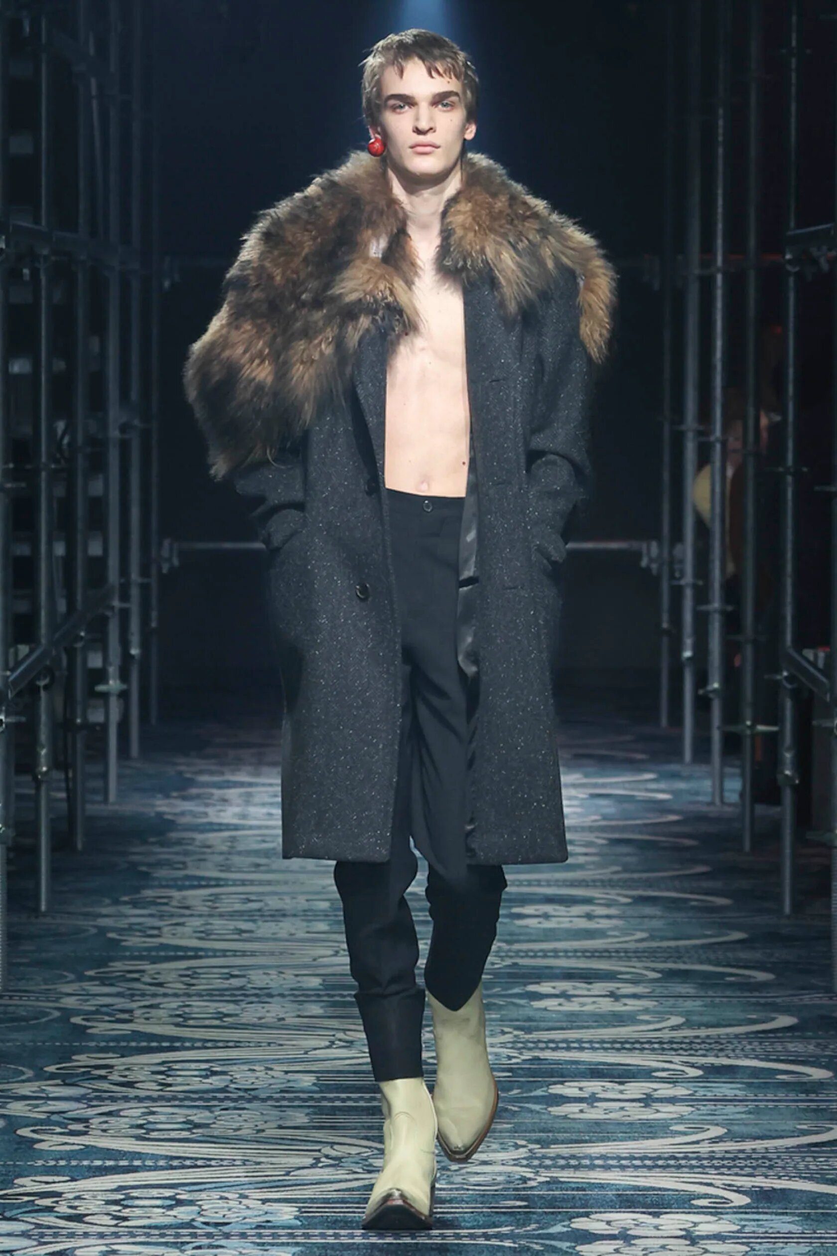 Model wearing Prada quarter-length jacket with shearling collar
