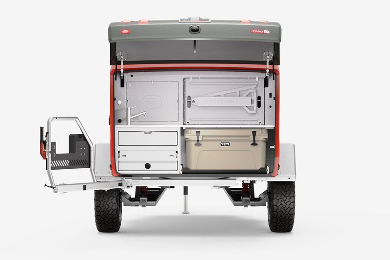 Rear galley/storage of Escapod's TOPO2 MTB mountain biking travel trailer.