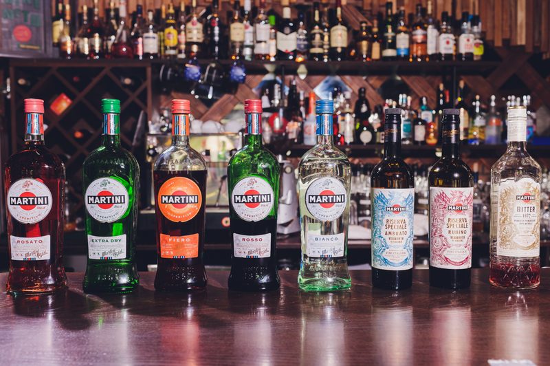 A row of vermouth bottles