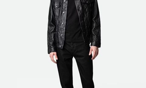 model posing in leather jacket