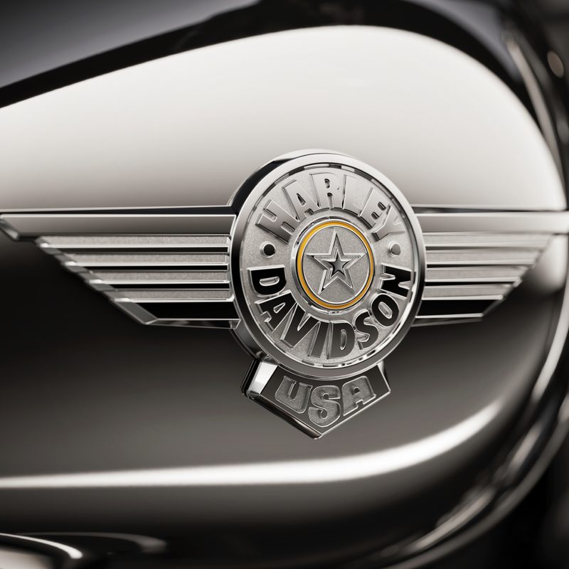 2025 Harley Davidson Fat Boy Gray Ghost medallion on gas tank.