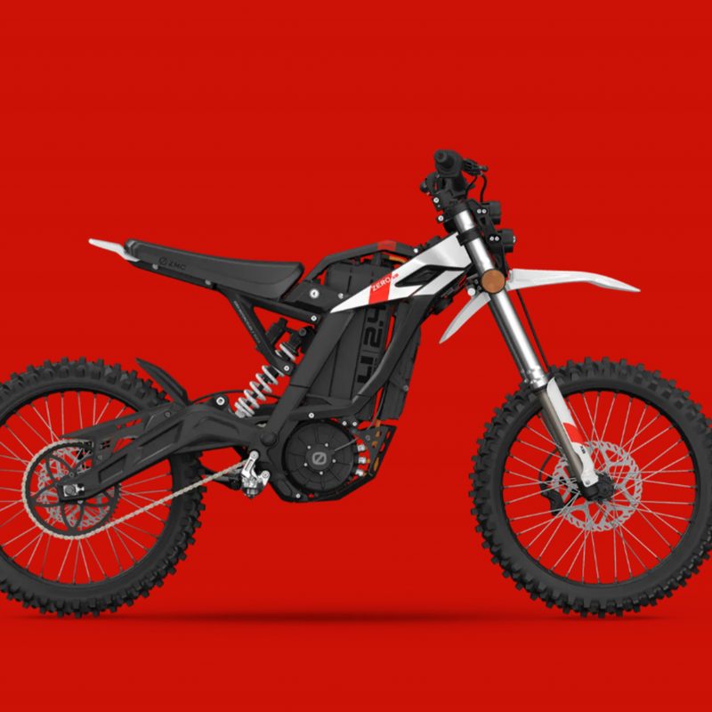 2025 Zero Motorcycles XB product shot against a red background.