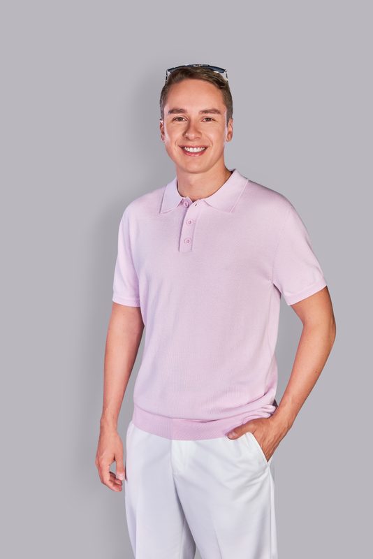 Christopher Bell wearing COOFANDY pink polo