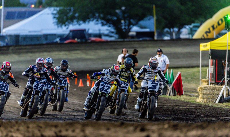 Chico SuperTwins team winning on Harley-Davidsons in American Flat Track racing.