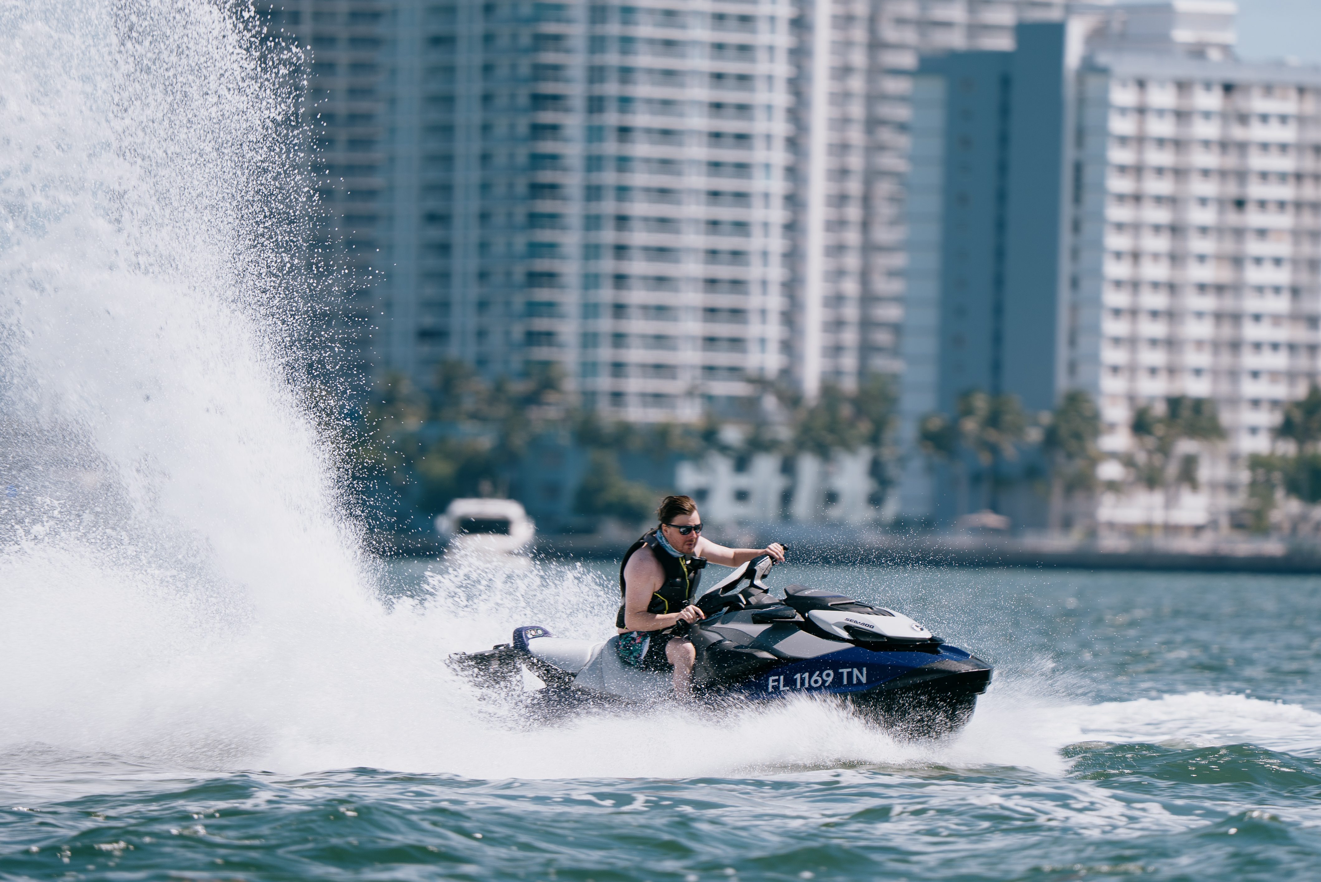 Turning on a PWC with a large amount of water being thrown up 