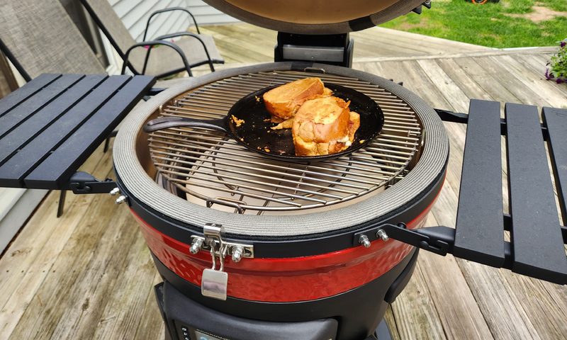 Grilling with a Kamado Joe Konnected Joe - Grilled cheese sandwich with shredded cheddar, lumps of brie, prosciuto, and Brazlian bread.