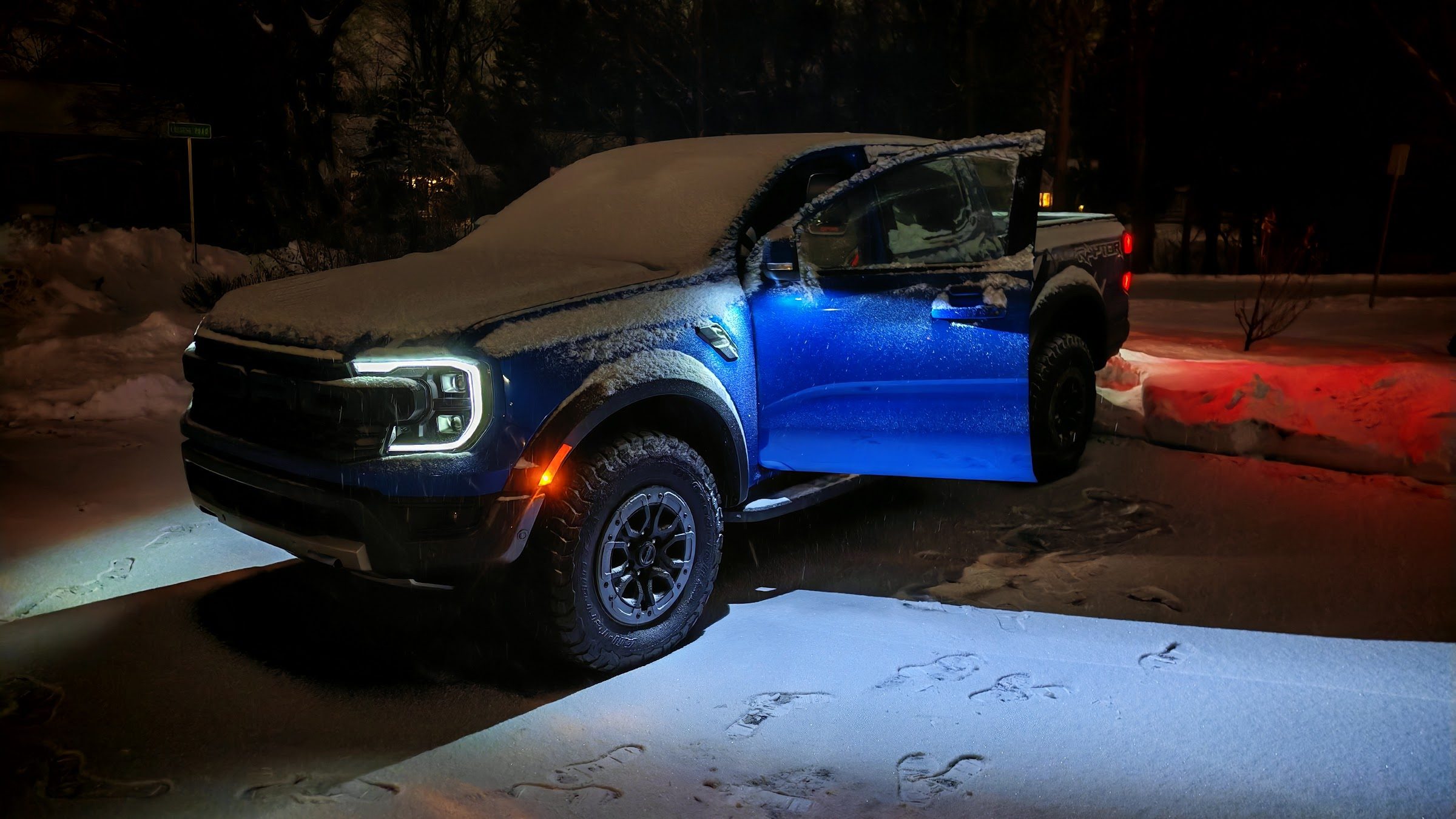 Ford Ranger Raptor in the snow at night