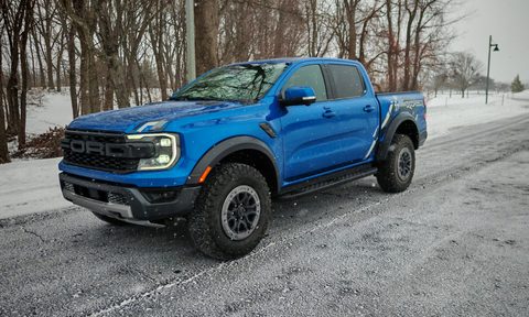 Ford Ranger Raptor 3/4 view in snowy woods