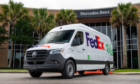 Mercedes-Benz eSprinter five millionth Sprinter right front three quarter view in front of Charleston South Carolina assembly plant.