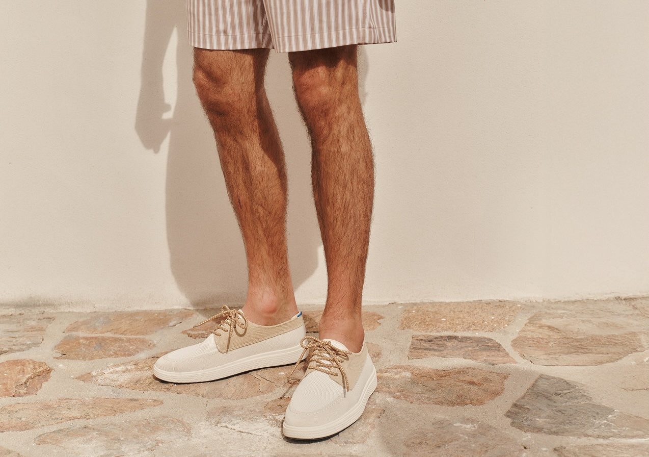 man wearing rothys x fair harbor boat shoe