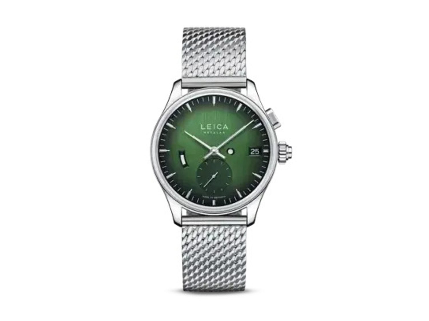 front view of latest Leica timepiece with green dial.